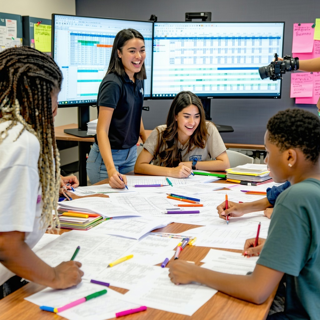 In a bustling community center a diverse group of enthusiastic young volunteers is engaged in various activities collaborating around a large table strewn with documents and colorful markers Behind them spreadsheets displayed on monitors and pinned t-1