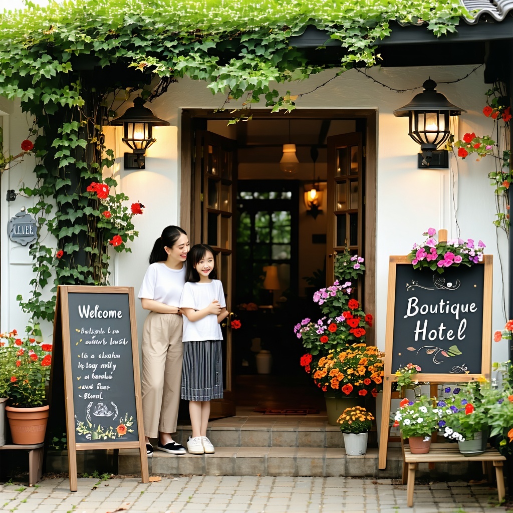 Nestled in a charming neighborhood the boutique hotel exudes warmth and character with its quaint architecture and inviting facade adorned with vibrant flowers A friendly family stands at the entrance radiating hospitality as they greet guests with a-1