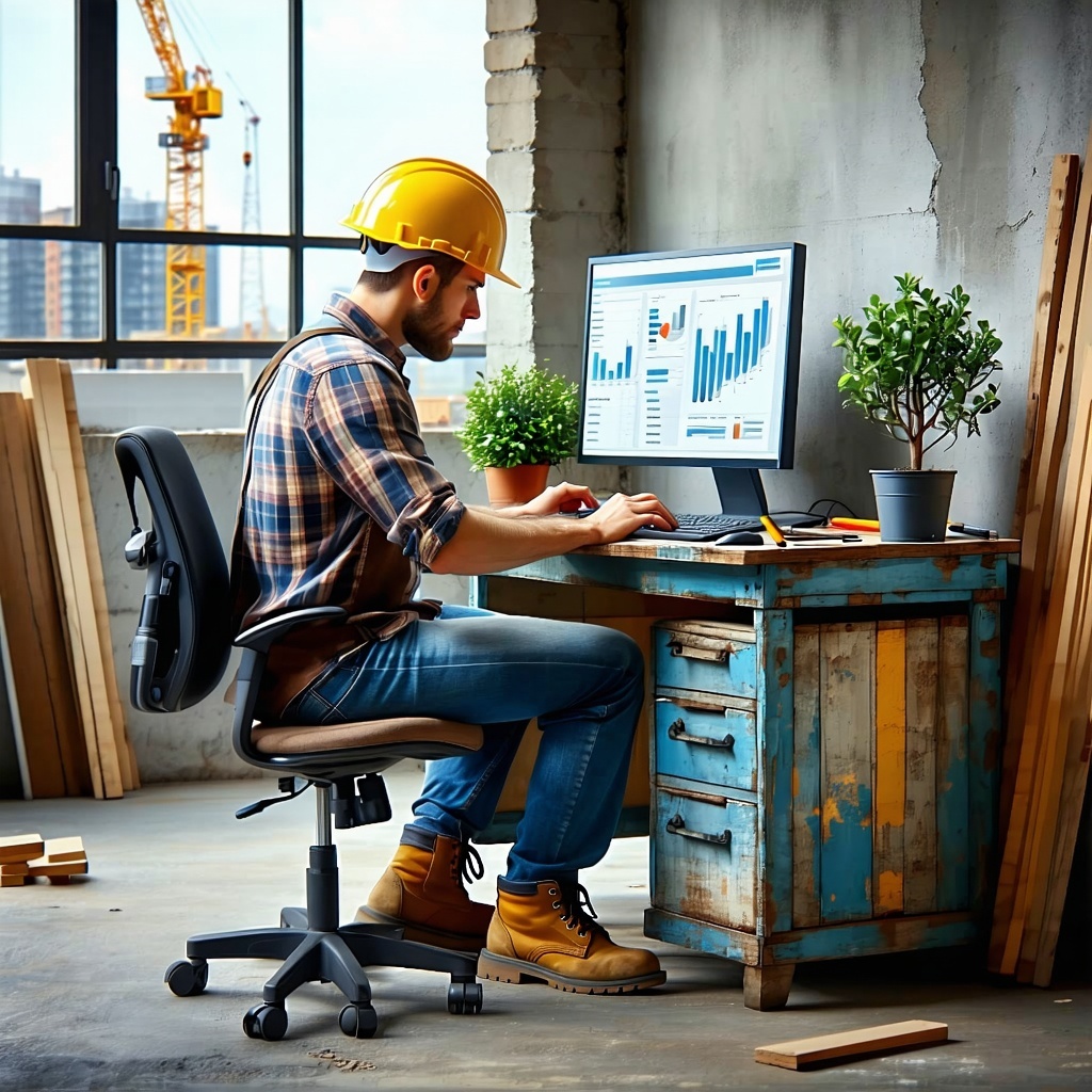 The image captures a construction worker still clad in a hard hat and work boots seated at a sturdy weathered wooden desk that bears the marks of countless hours of labor He is intently focused on an outdated computer its screen flickering with sprea-1