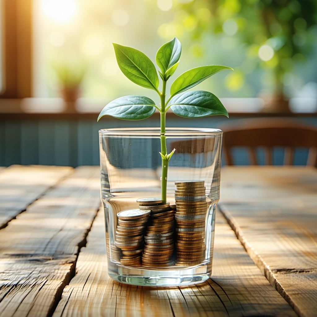 The image captures a pristine clear glass positioned on a rustic wooden desk its surface adorned with the natural grain and texture of the wood Inside the glass a collection of shiny coins glimmers under the light symbolizing wealth and prosperity Ri