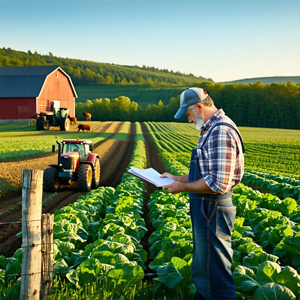 The image depicts a bustling farm scene during golden hour with vibrant green fields stretching into the distance under a clear blue sky In the foreground a farmer clad in a plaid shirt and denim overalls is examining a ledger while standing beside a-1