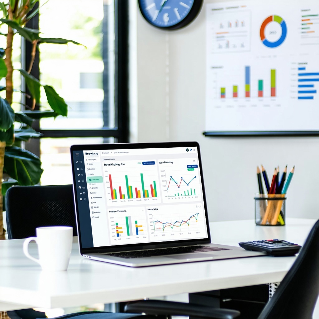 The image depicts a modern office space filled with natural light showcasing a sleek desk with a laptop open to a project management software interface Beside the laptop there are neatly organized documents labeled Bookkeeping and Tax Planning along