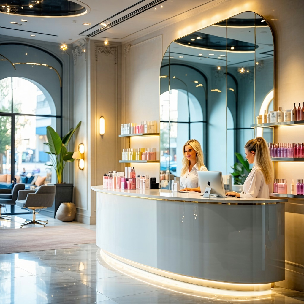 The image depicts a modern salon interior showcasing a sleek reception area with elegant furnishings The walls are adorned with calming pastel colors accentuated by large mirrors reflecting soft ambient lighting In the foreground a friendly reception