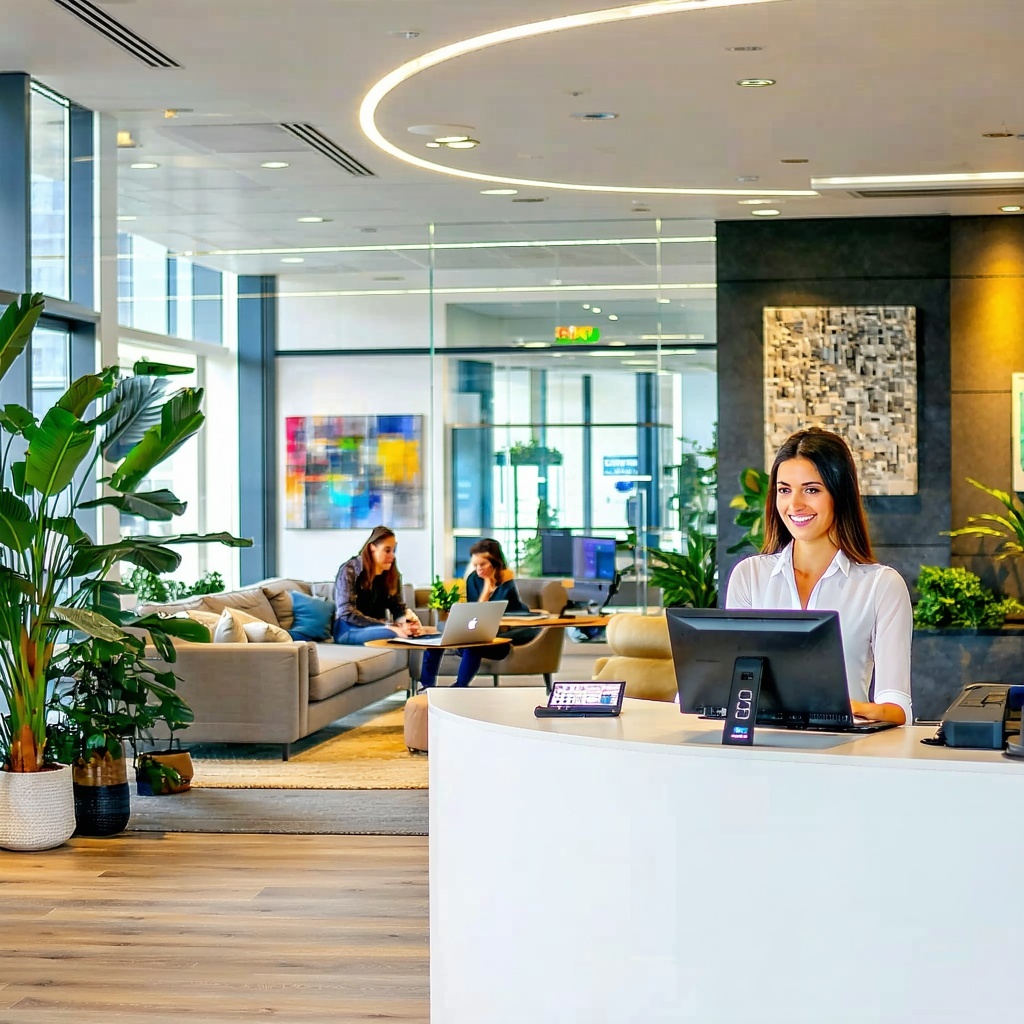 The image features a modern bright office space designed for a serviceoriented business In the foreground a sleek reception desk with a friendly receptionist welcomes clients surrounded by potted plants that add a touch of greenery To the left a cozy
