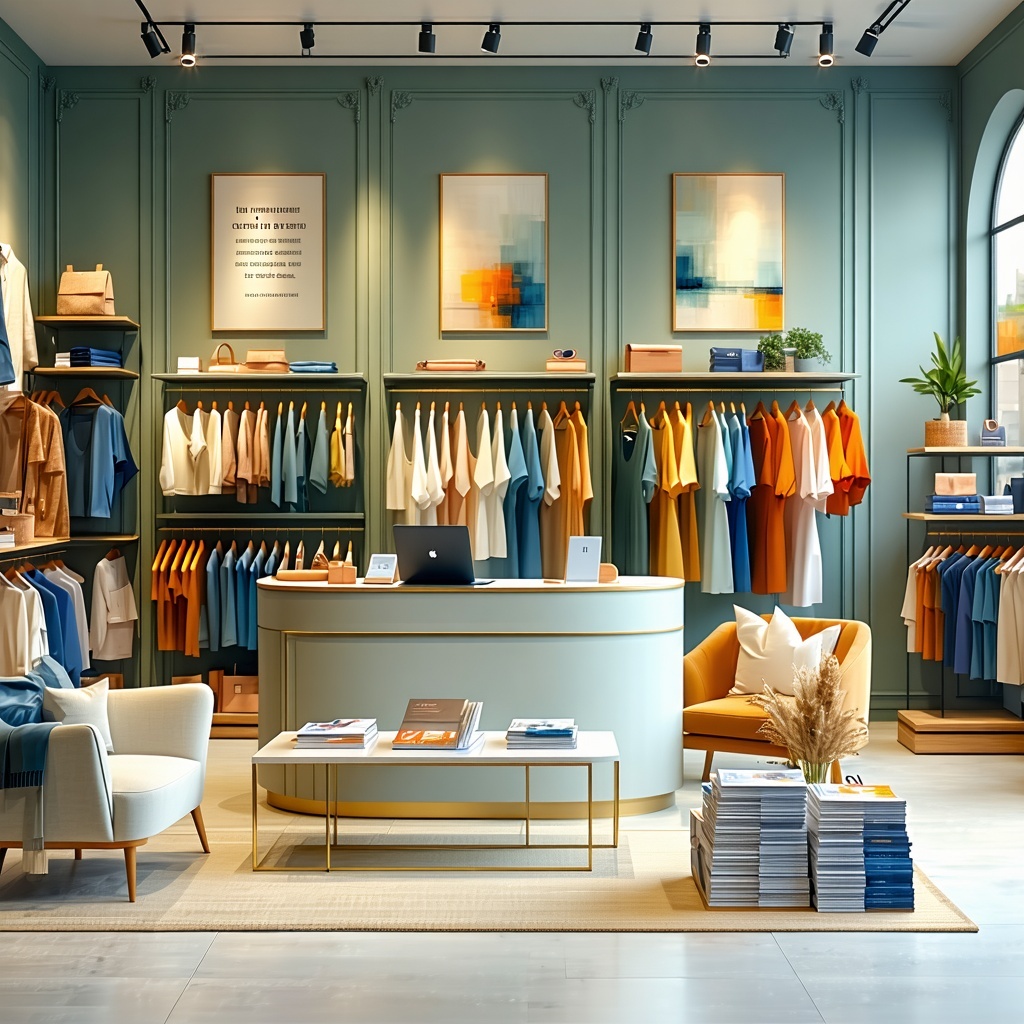 The image features a modern retail boutique interior showcasing an inviting space filled with neatly arranged clothing racks and stylish displays Soft ambient lighting highlights the vibrant colors of various garments from elegant dresses to casual w