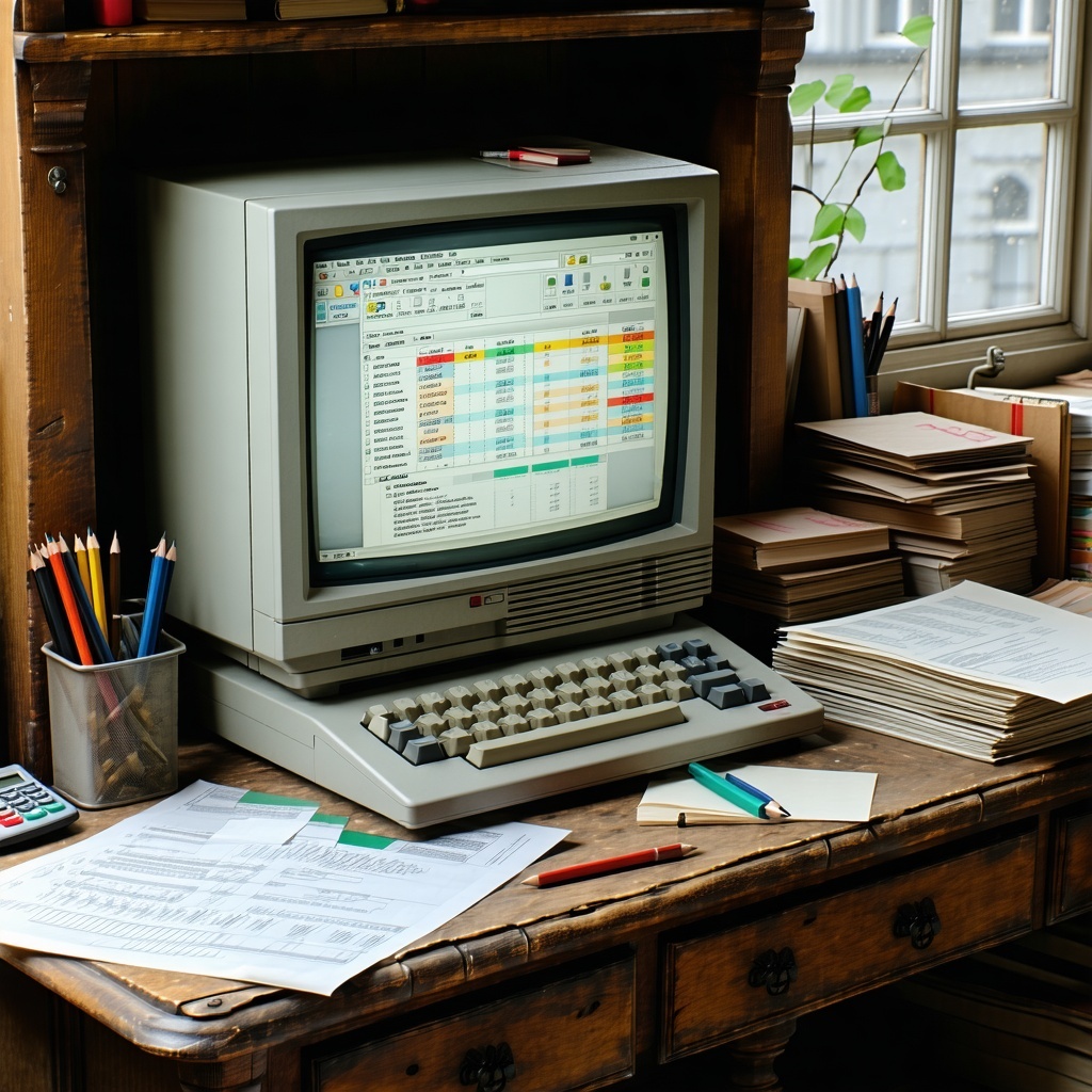 The old computer with its bulky monitor and faded keys rests atop a wellworn wooden desk that shows signs of age with scratches and polished areas reflecting years of use The screen displays the familiar interface of bookkeeping software with colorfu