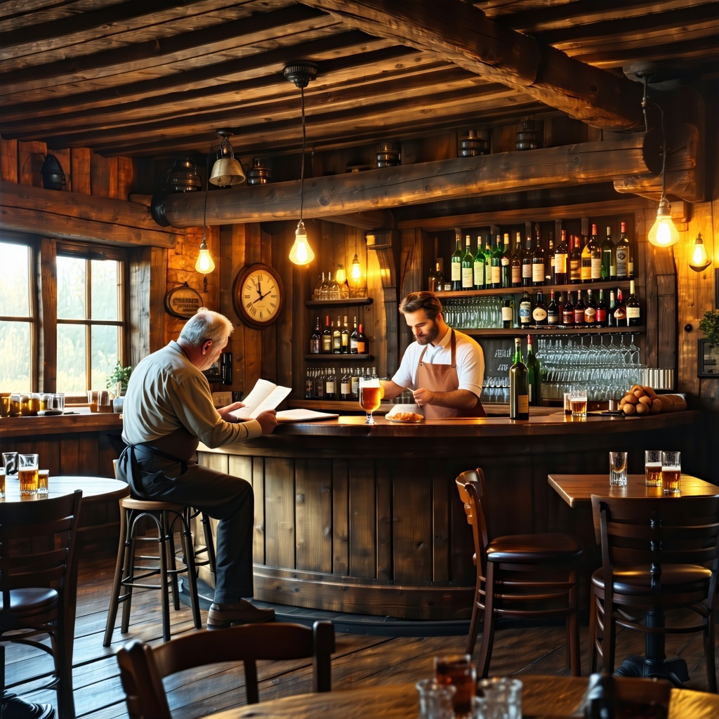 The rustic tavern with its weathered wooden beams and flickering candlelight exudes a warm inviting atmosphere The proprietor a middleaged man with a thoughtful expression sits at the polished bar meticulously sifting through a stack of tax returns h-1