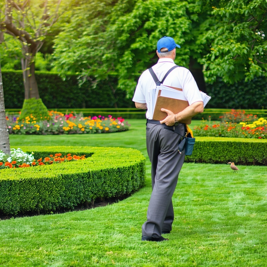 The scene captures a beautifully manicured lawn vibrant with lush green grass and meticulously arranged flower beds that burst with color In the foreground a dedicated landscaper expertly trims the hedges his focused expression revealing a commitment-1
