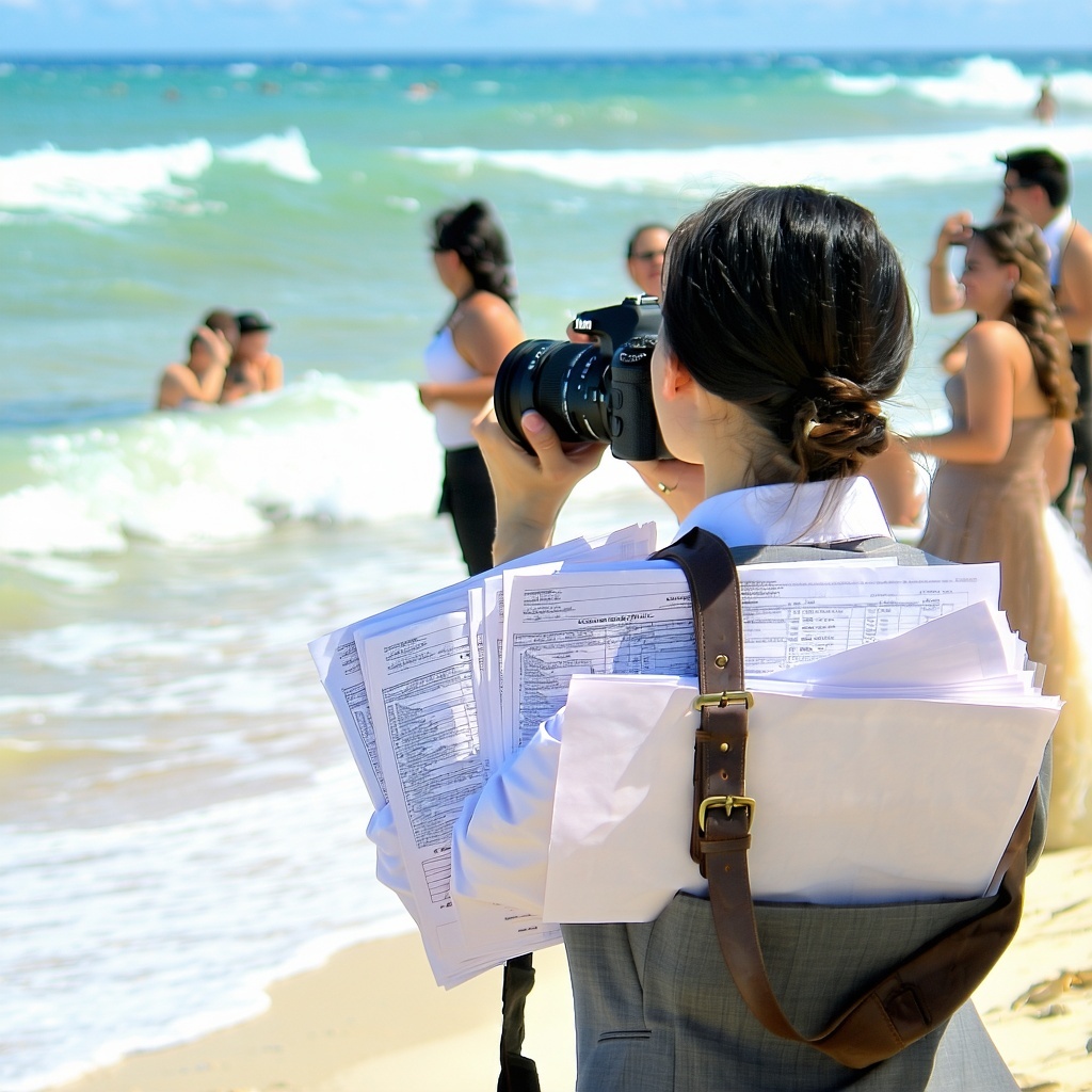 The scene captures a dedicated photographer dressed in smart yet comfortable attire skillfully composing shots of a joyous wedding ceremony unfolding on a sunlit beach With the gentle sound of waves lapping at the shore in the background she balances