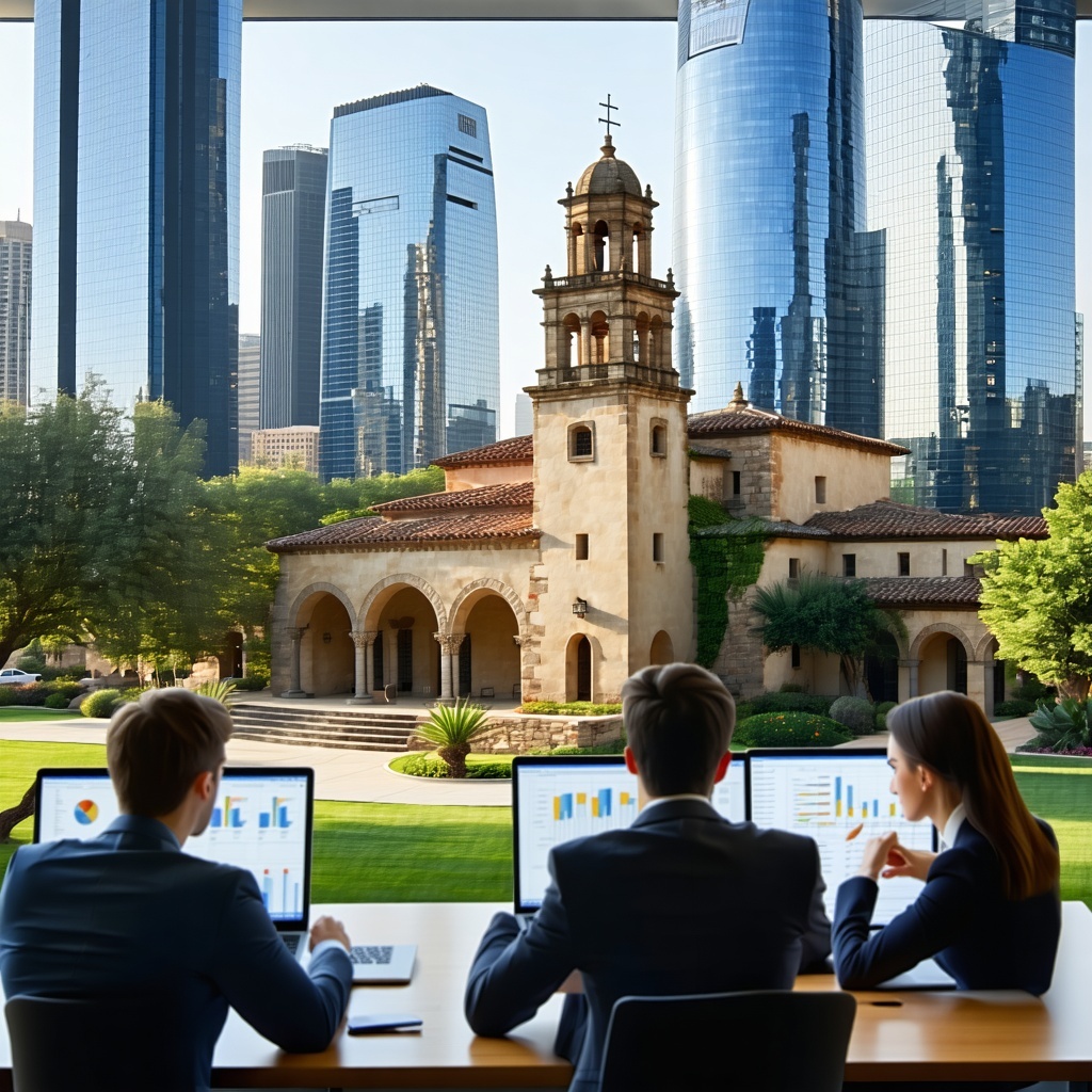 The scene depicts a historic Spanish mission characterized by its adobe walls arched doorways and bell tower nestled within a bustling modern landscape Surrounding the mission sleek glass skyscrapers and contemporary architecture rise contrasting sha-1