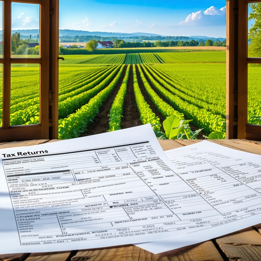 The tax returns for farmers are meticulously organized documents that detail their income expenses and deductions related to agricultural activities In the background a large window frames a picturesque view of sprawling farmland where rows of crops
