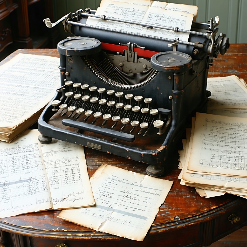 The vintage typewriter with its weathered keys and glossy black finish sits prominently on the sturdy wooden desk a testament to a bygone era of meticulous craftsmanship Scattered around it are neatly stacked sheets of paper some bearing the official