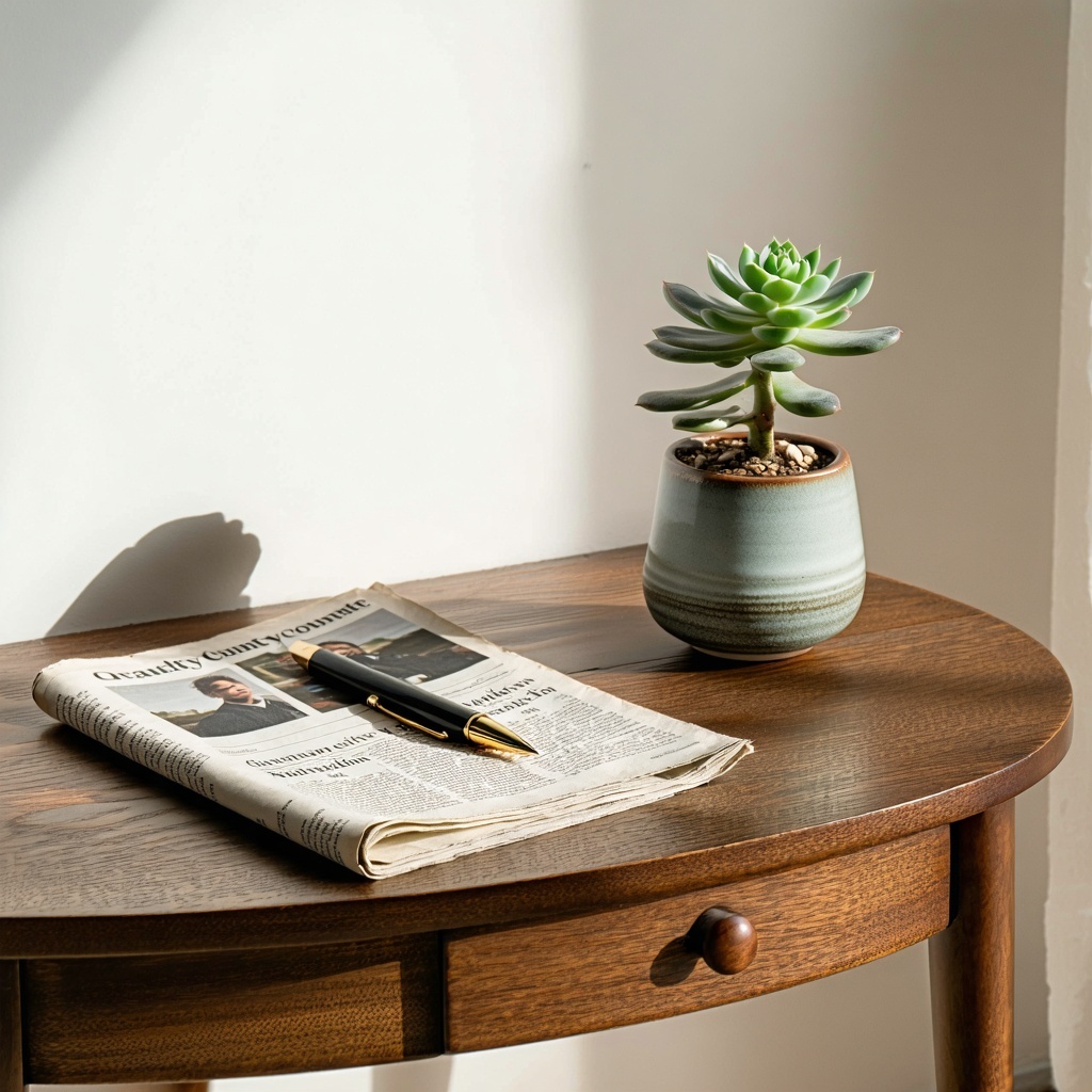 The wood table crafted from rich dark mahogany boasts a smooth polished surface that reflects the warm glow of natural light highlighting its elegant grain Atop the table a petite succulent plant in a minimalist ceramic pot adds a touch of vibrant gr-2
