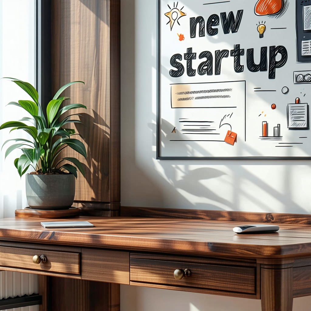 The wooden desk crafted from rich dark mahogany exudes a warm inviting ambiance showcasing its natural grain patterns and a smooth finish On one corner a vibrant green potted plant adds a touch of life and color its leaves reaching towards the sunlig