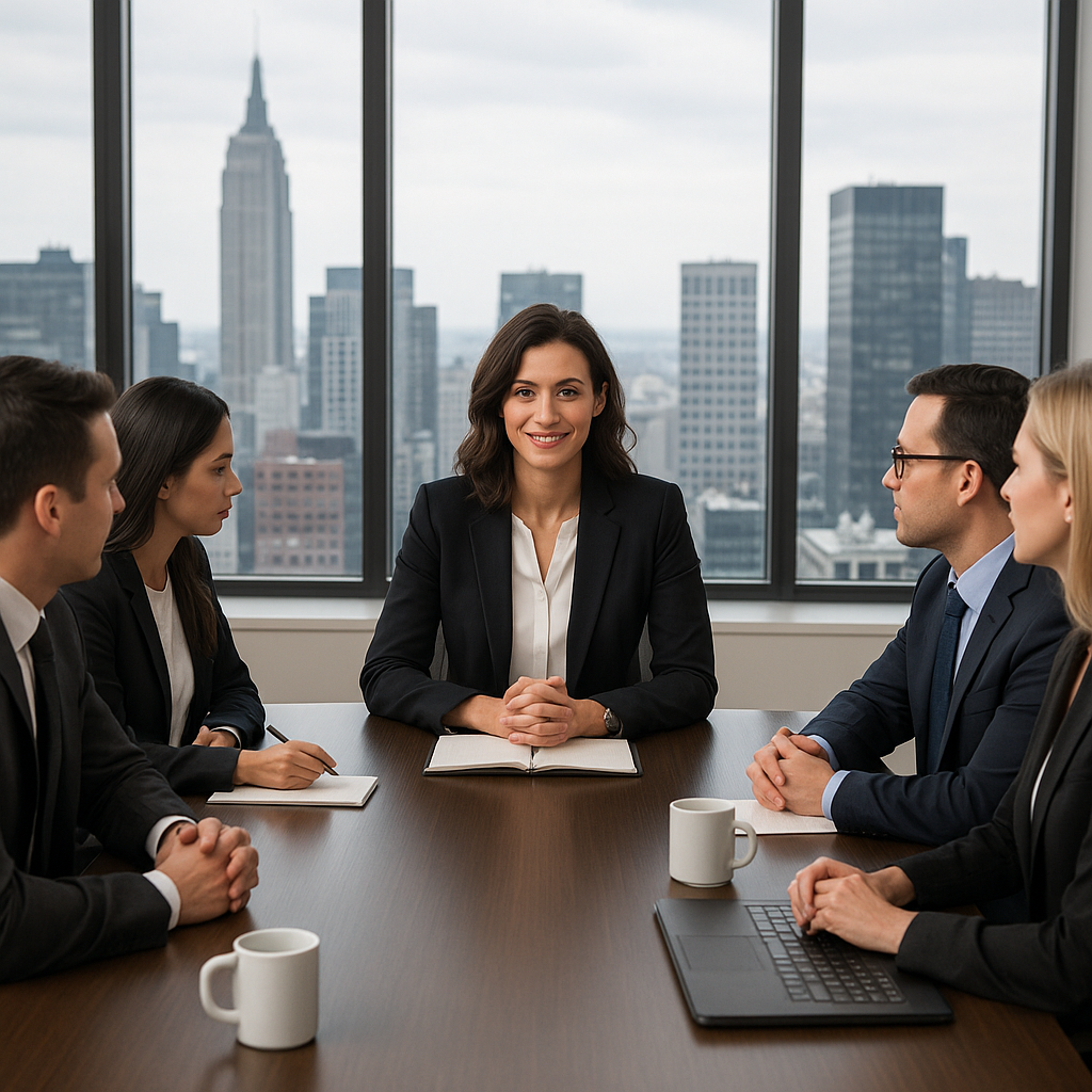 show a female at the head of a conference table for a business meeting out the window is a city skyline-1