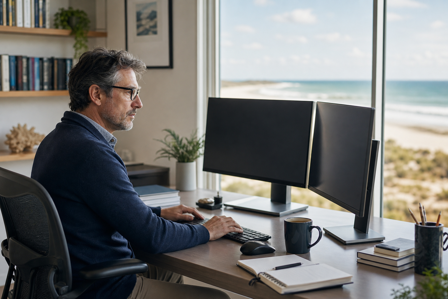 Professor Training AI Models At Beach Desk